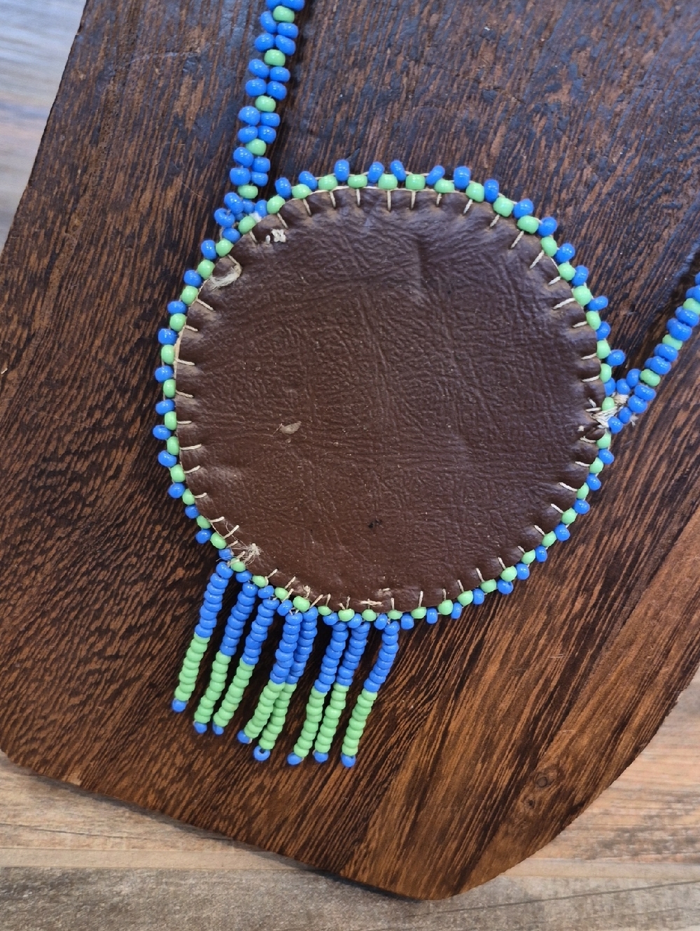 Vtg Seed Bead Medallion Pendant Necklaces, Blue, Green Yellow, & Black - Picture 7 of 13